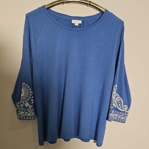 J.Jill  Blue top with embroidered Sleeves. Size Meduim. Cotton Bleand